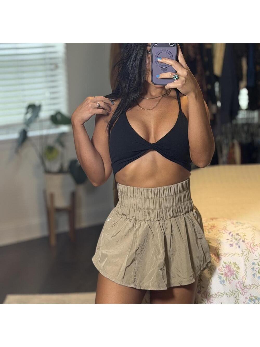 Free People Khaki Smocked High Rise Flowy Athletic Running Shorts